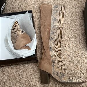 Pierre Dumas Tan and Brown Over-the-Knee Heeled Boots
